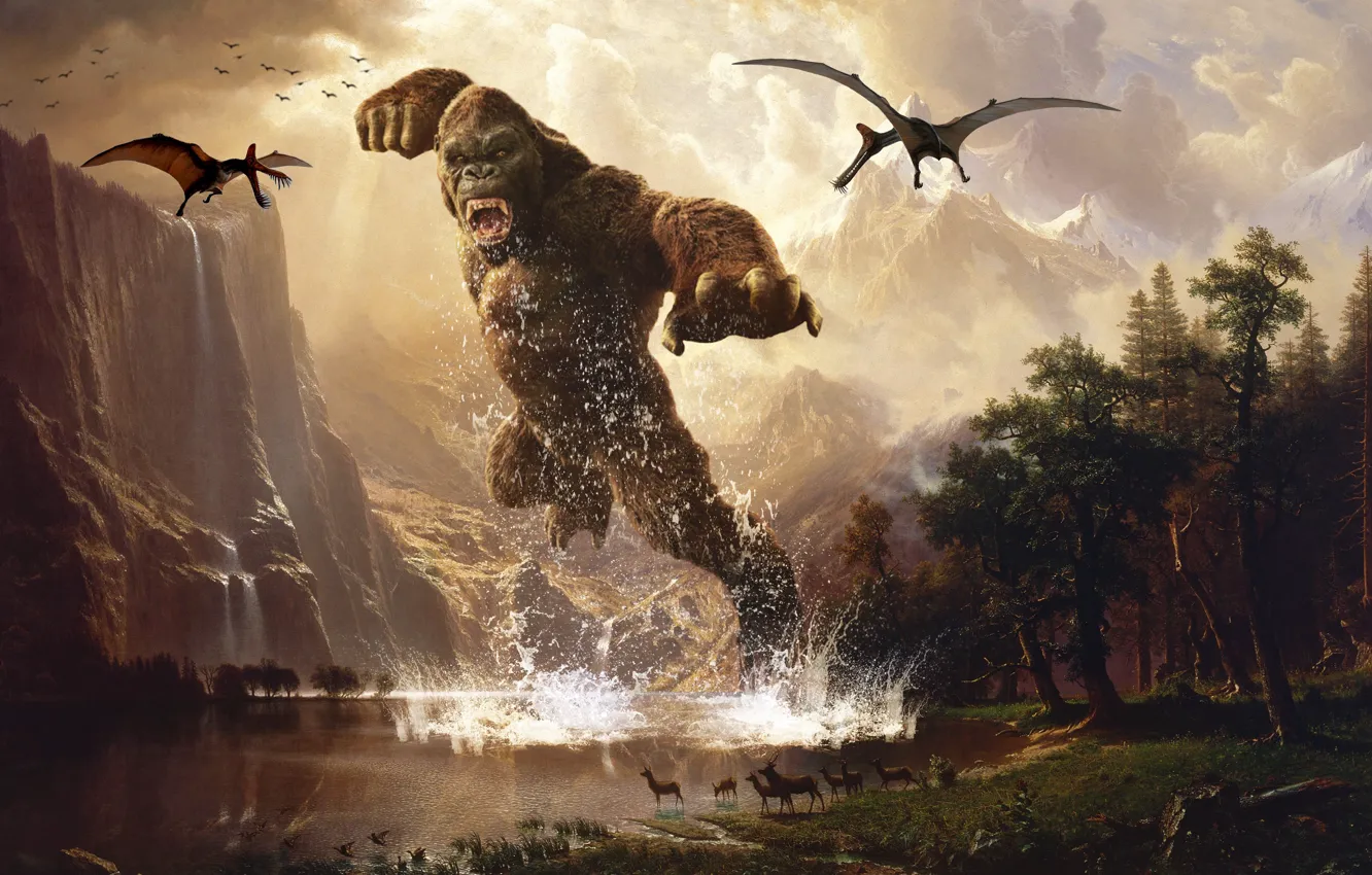 Photo wallpaper forest, mountains, fantasy, jump, dinosaur, King Kong, grin, pterosaur