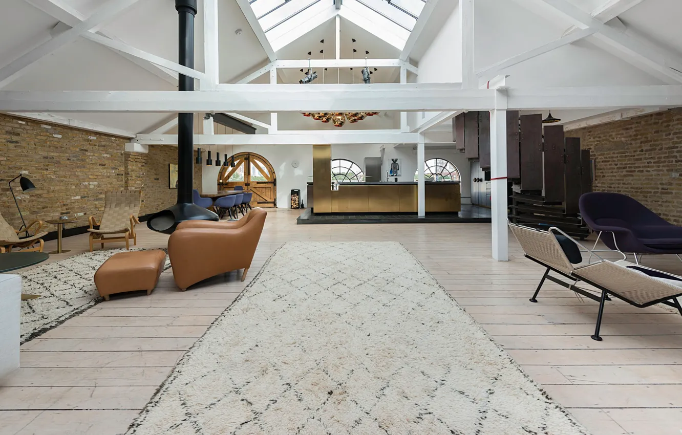 Photo wallpaper style, interior, kitchen, ladder, dining room, two levels, spacious living room, Loft Apartment in London