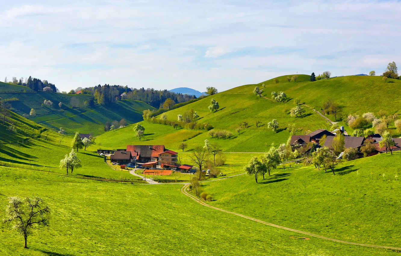 Photo wallpaper the sky, grass, trees, mountains, hills, home, valley, estate