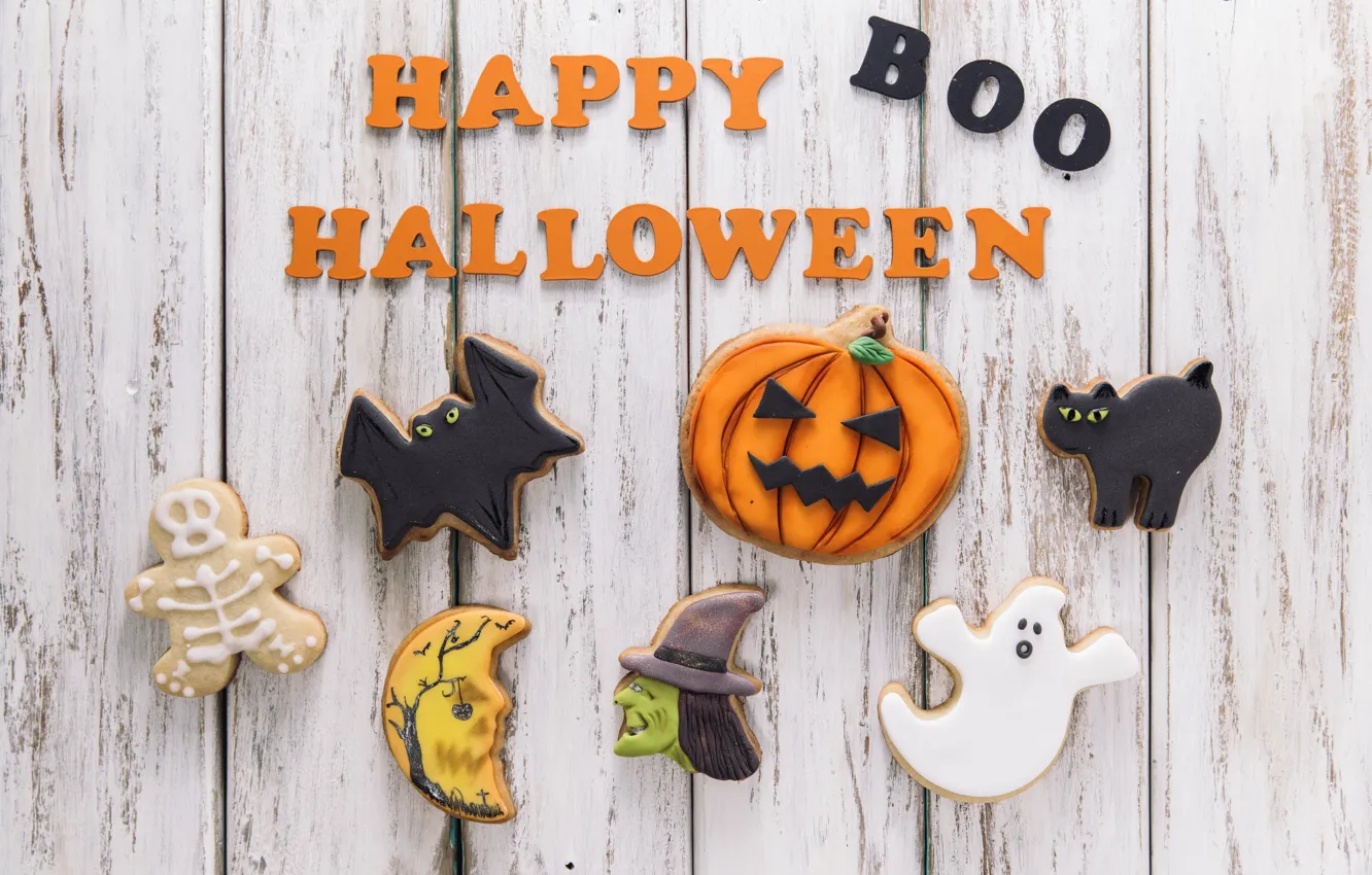 Photo wallpaper holiday, the inscription, spider, cookies, pumpkin, Halloween