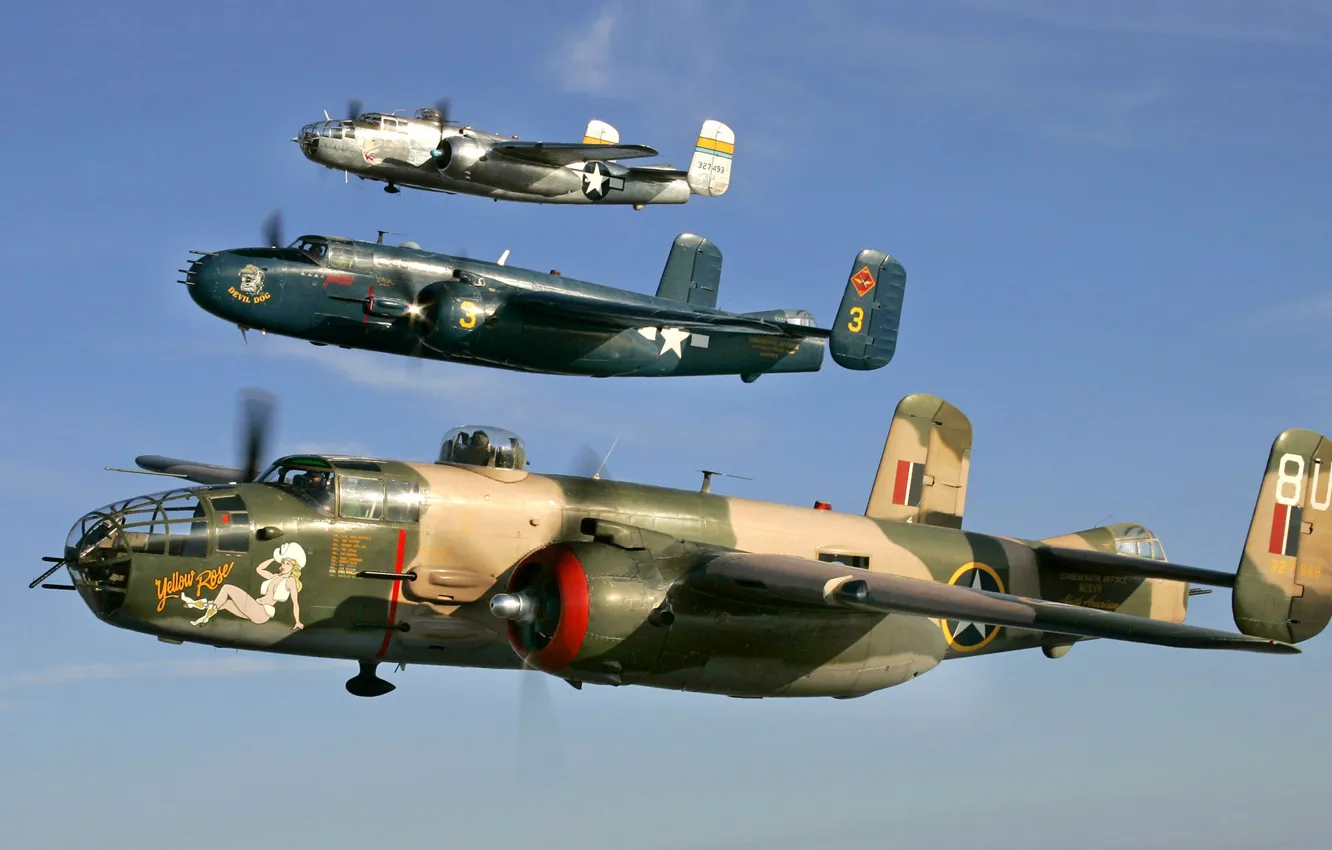 Photo wallpaper the sky, flight, retro, the plane, parade, link, B-25 Mitchel