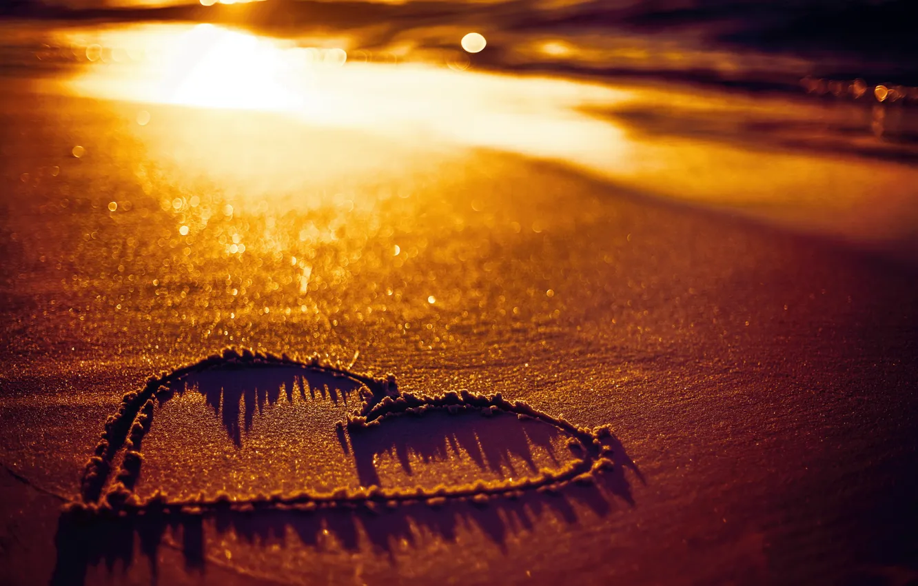 Photo wallpaper sand, beach, love, beach, heart, heart, sunset, sand