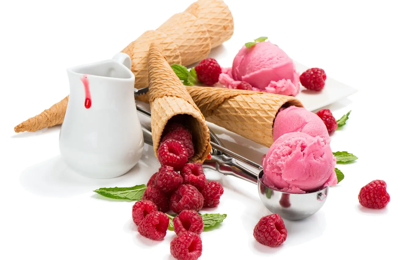 Photo wallpaper raspberry, ice cream, horn, sweet, sweets, ice cream, raspberries