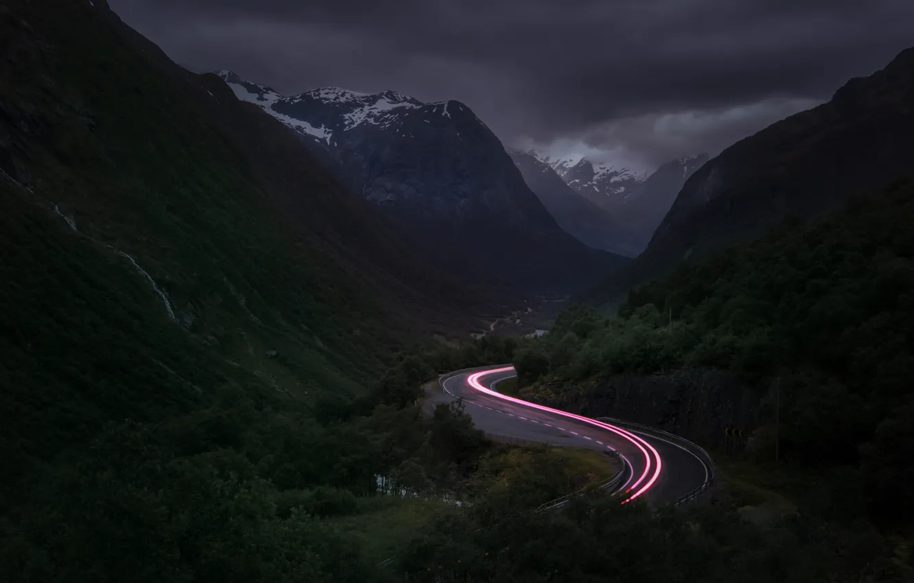 Photo wallpaper road, mountains, clouds, lights, the evening, excerpt