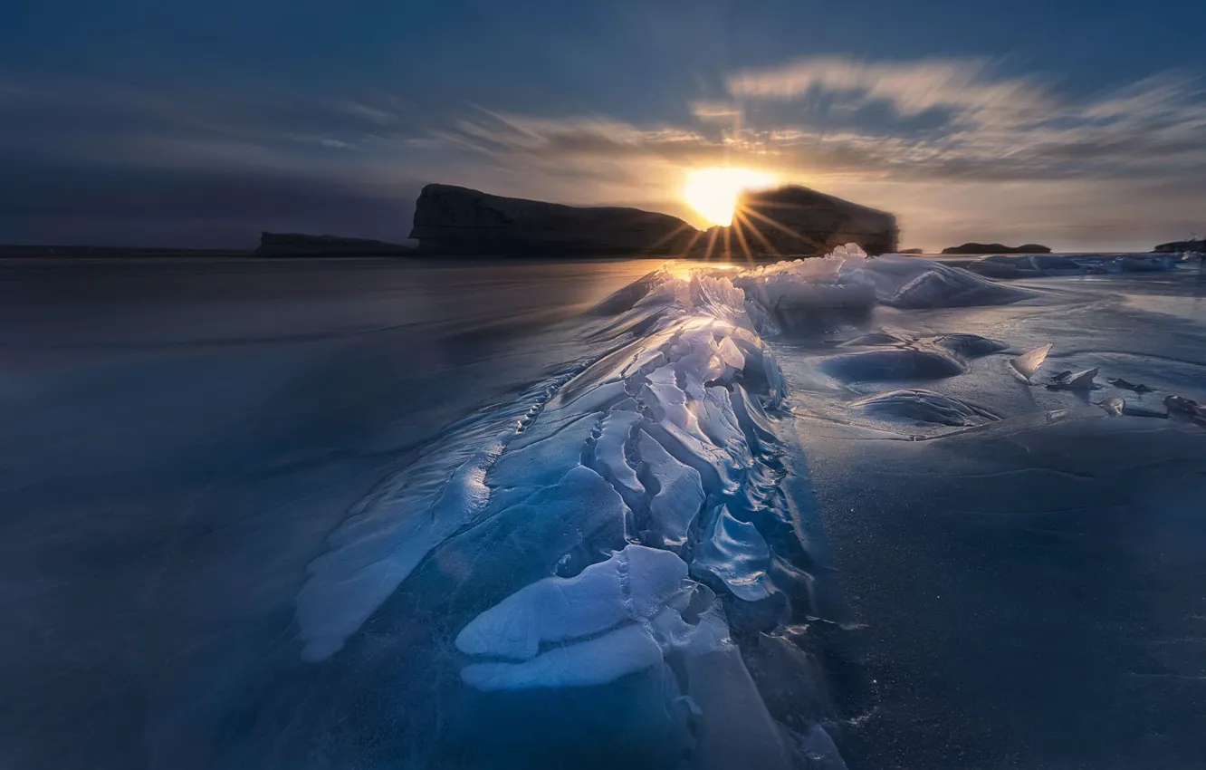 Photo wallpaper ice, winter, the sky, the sun, clouds, rays, sunset, lake