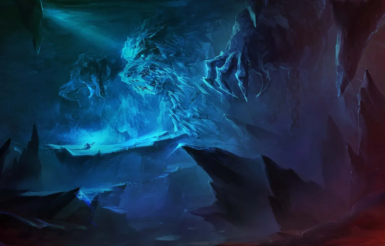 Photo wallpaper rocks, people, art, chain, cave, battle, Montr