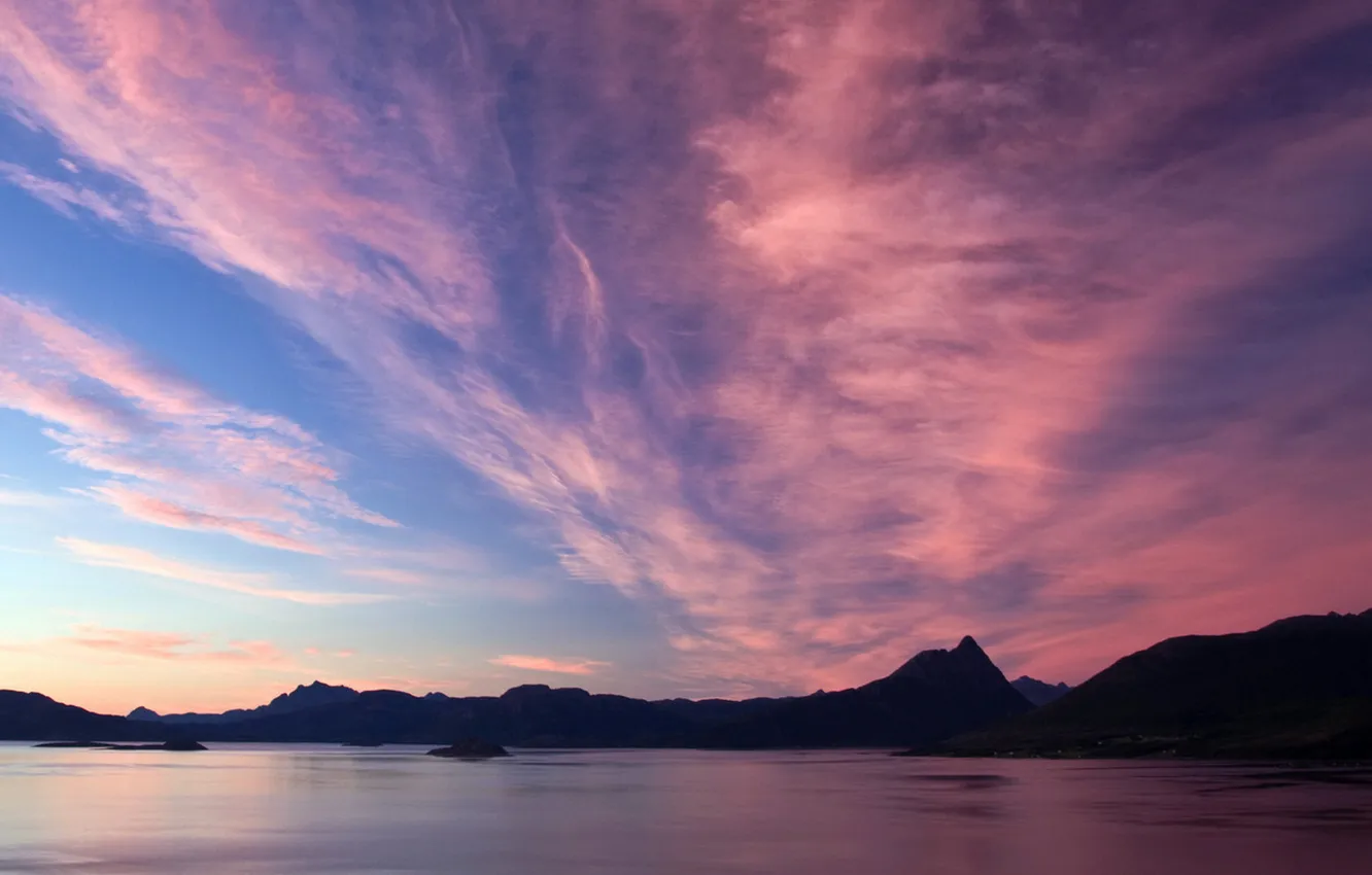 Photo wallpaper sea, mountains, dawn, Wallpaper, picture