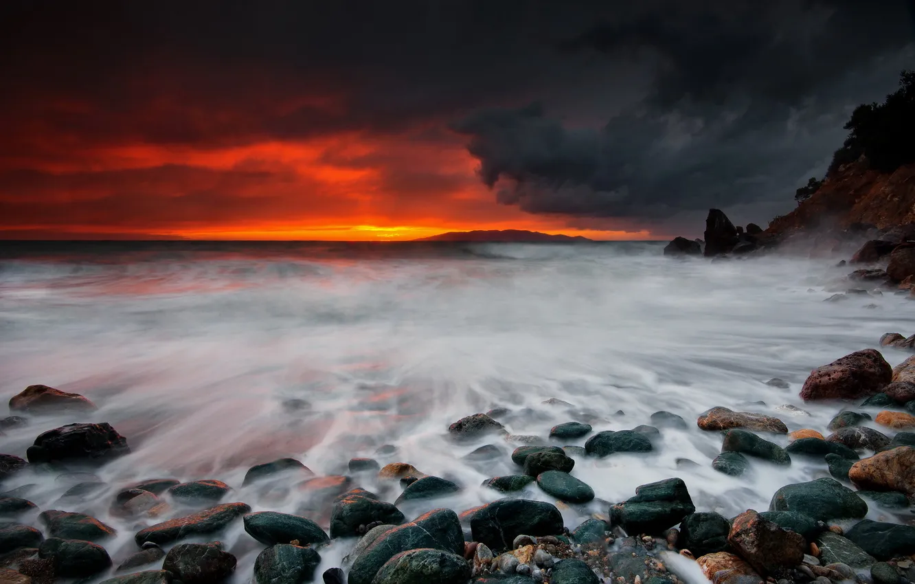 Photo wallpaper sea, landscape, sunset, shore