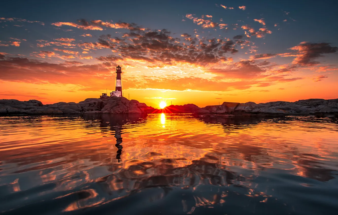 Photo wallpaper the sun, clouds, reflection, shore, lighthouse