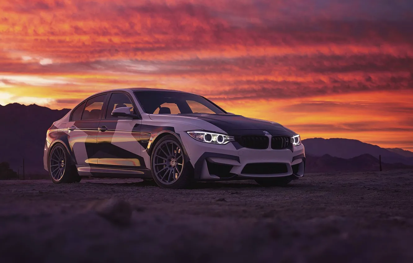 Photo wallpaper BMW, Light, Clouds, Sky, Front, Black, Sunset, White