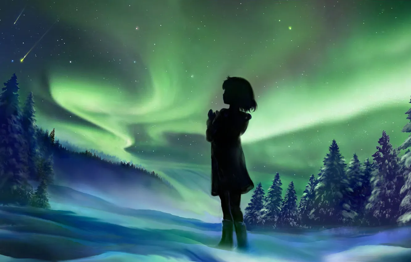 Photo wallpaper winter, girl, snow, night, nature, Northern lights, by 00
