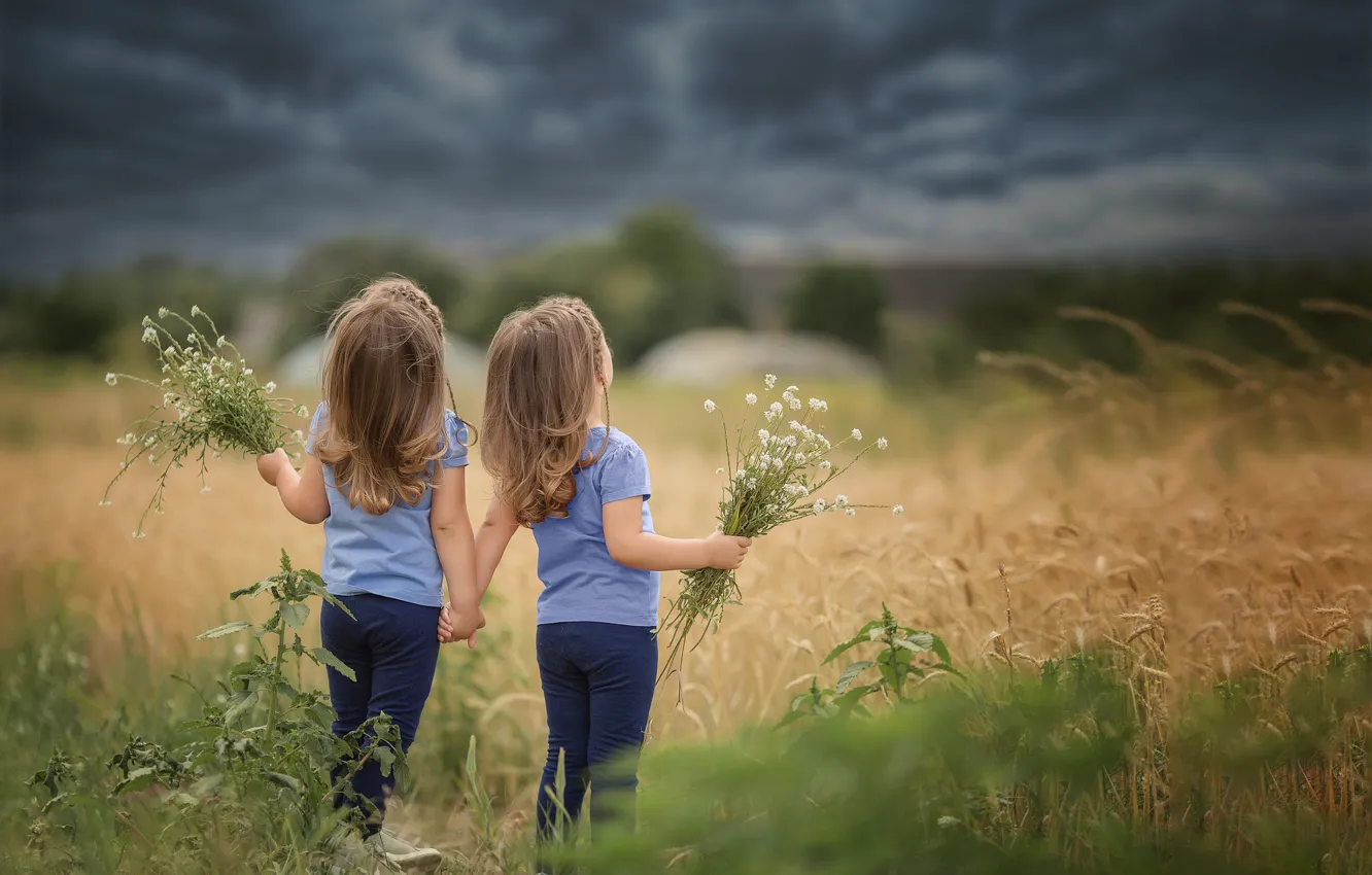 Photo wallpaper field, the sky, grass, clouds, nature, children, girl, sister