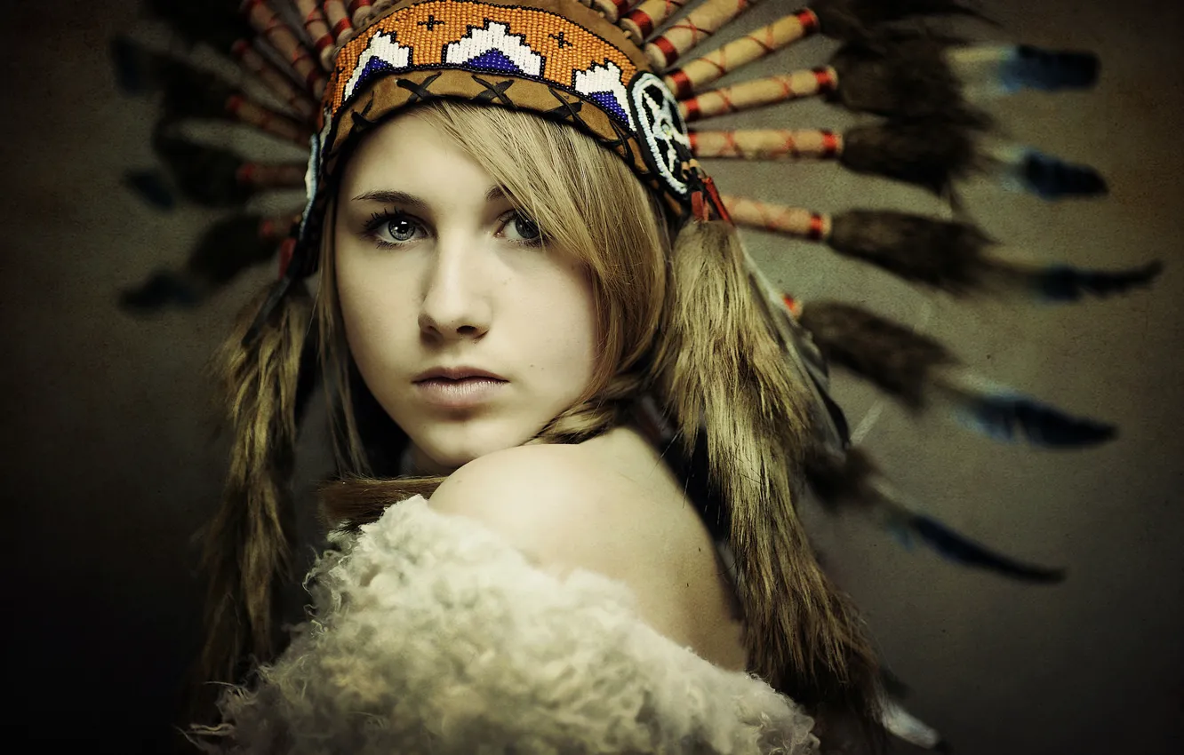 Photo wallpaper eyes, look, girl, face, background, feathers, headdress