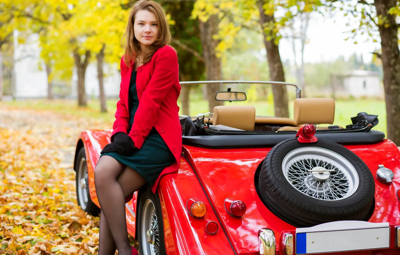 Photo wallpaper machine, autumn, girl, trees, nature, dress, gloves, brown hair