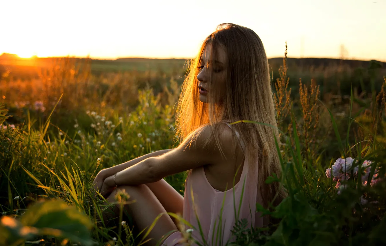 Photo wallpaper field, grass, girl, sunset, flowers, ideal, sweetheart, portrait