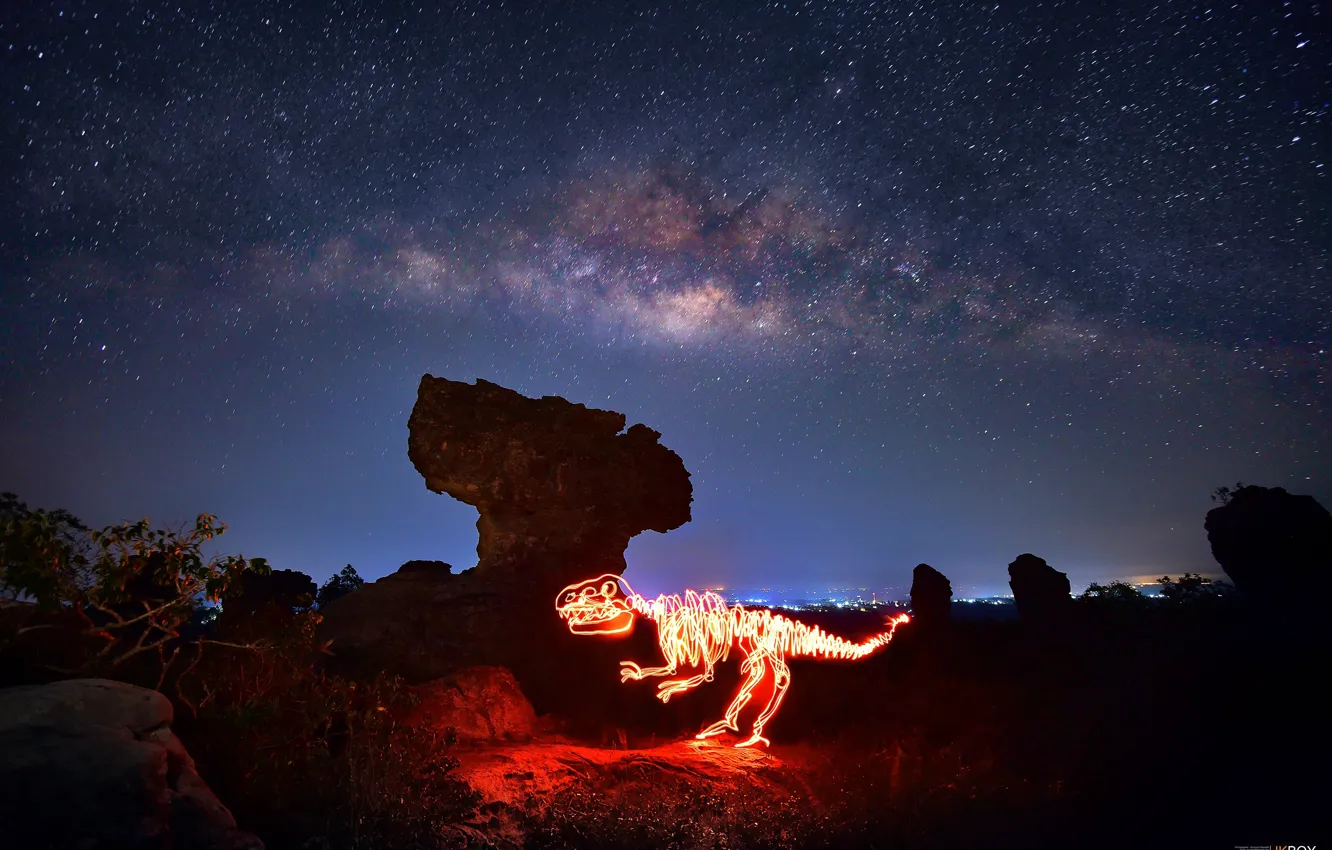Photo wallpaper light, night, dinosaur