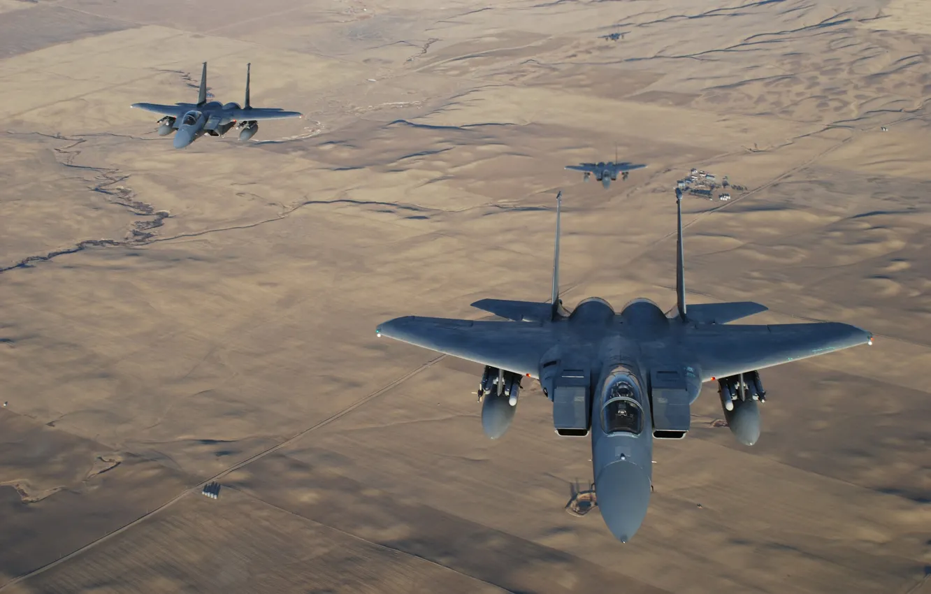 Photo wallpaper fighters, three, Eagle, flight, F-15, "Eagle"