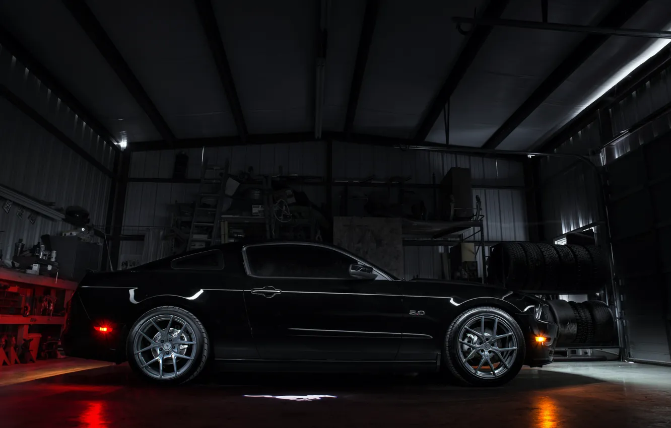 Photo wallpaper black, garage, mustang, Mustang, profile, ford, drives, blackфорд