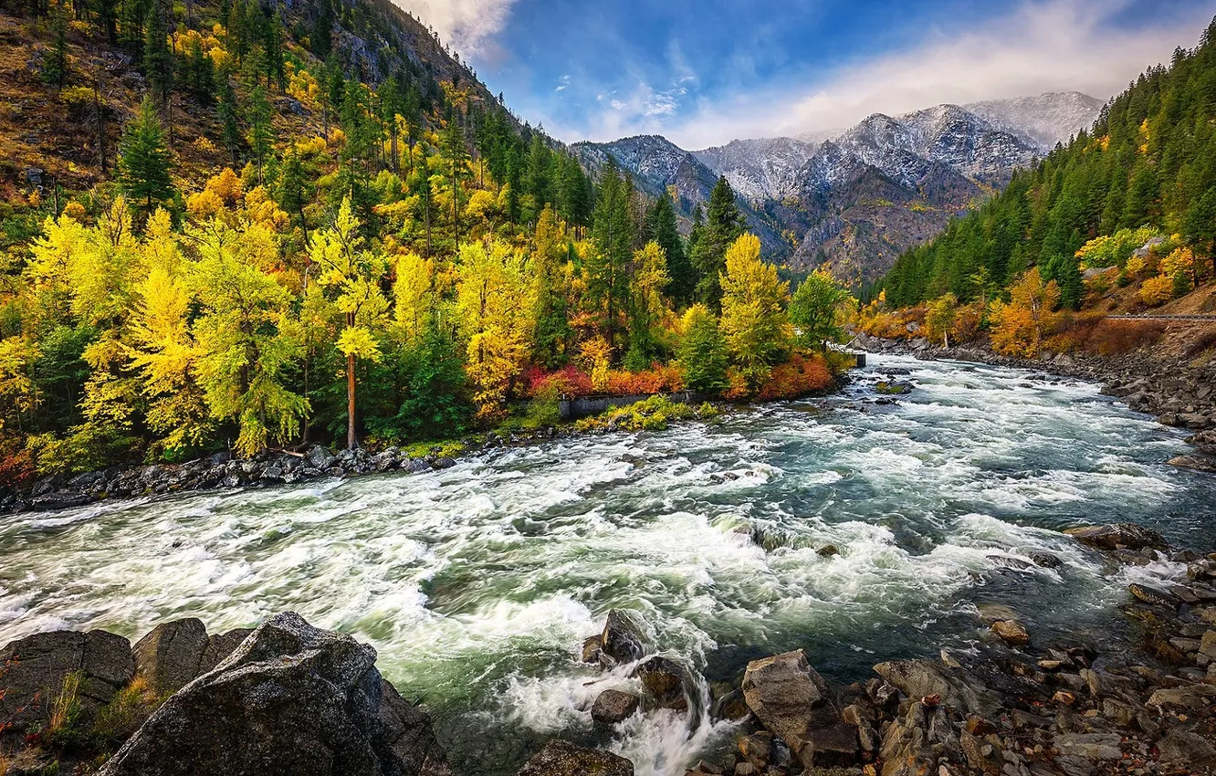 Photo wallpaper autumn, forest, the sky, clouds, trees, mountains, river, stones
