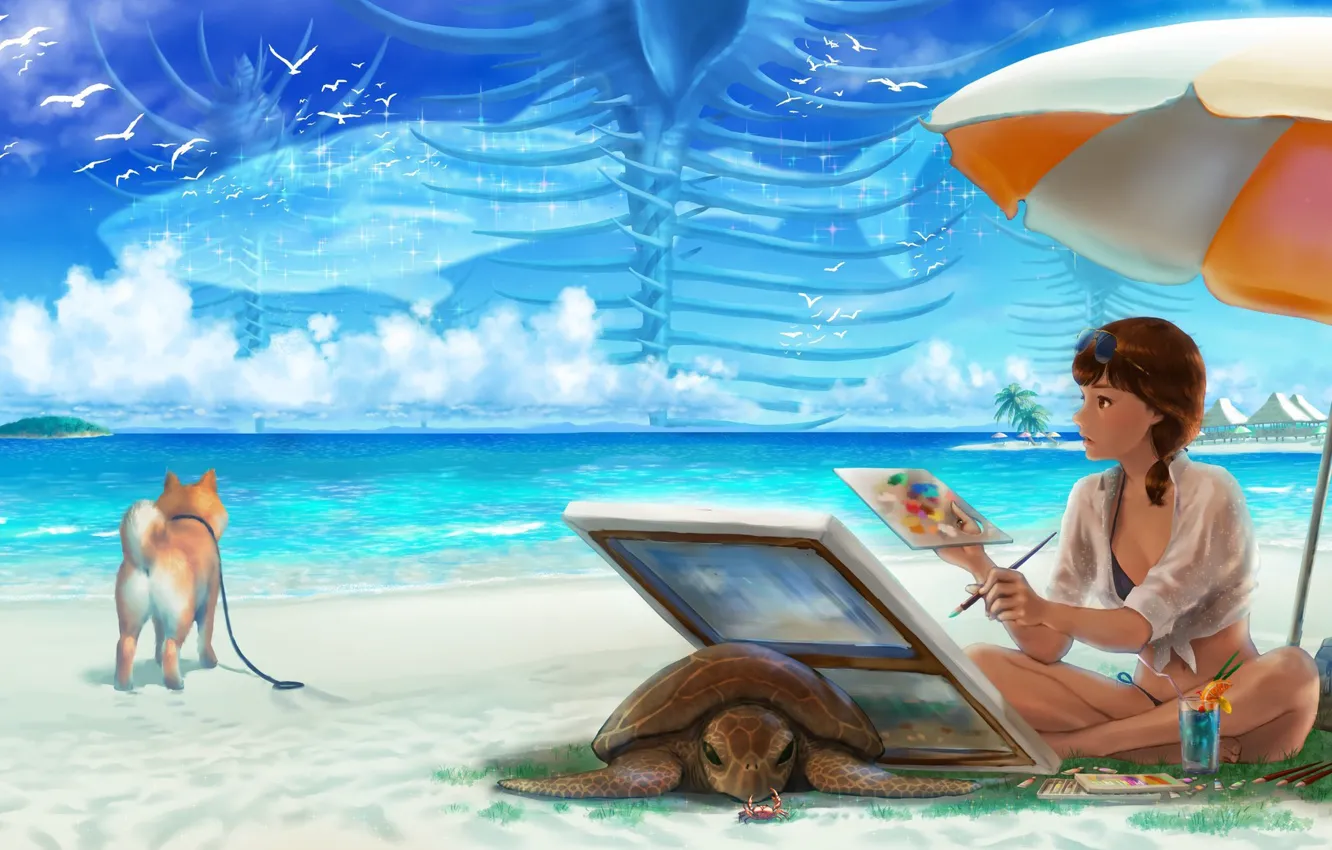 Photo wallpaper beach, animal, crab, turtle, dog, umbrella, artist