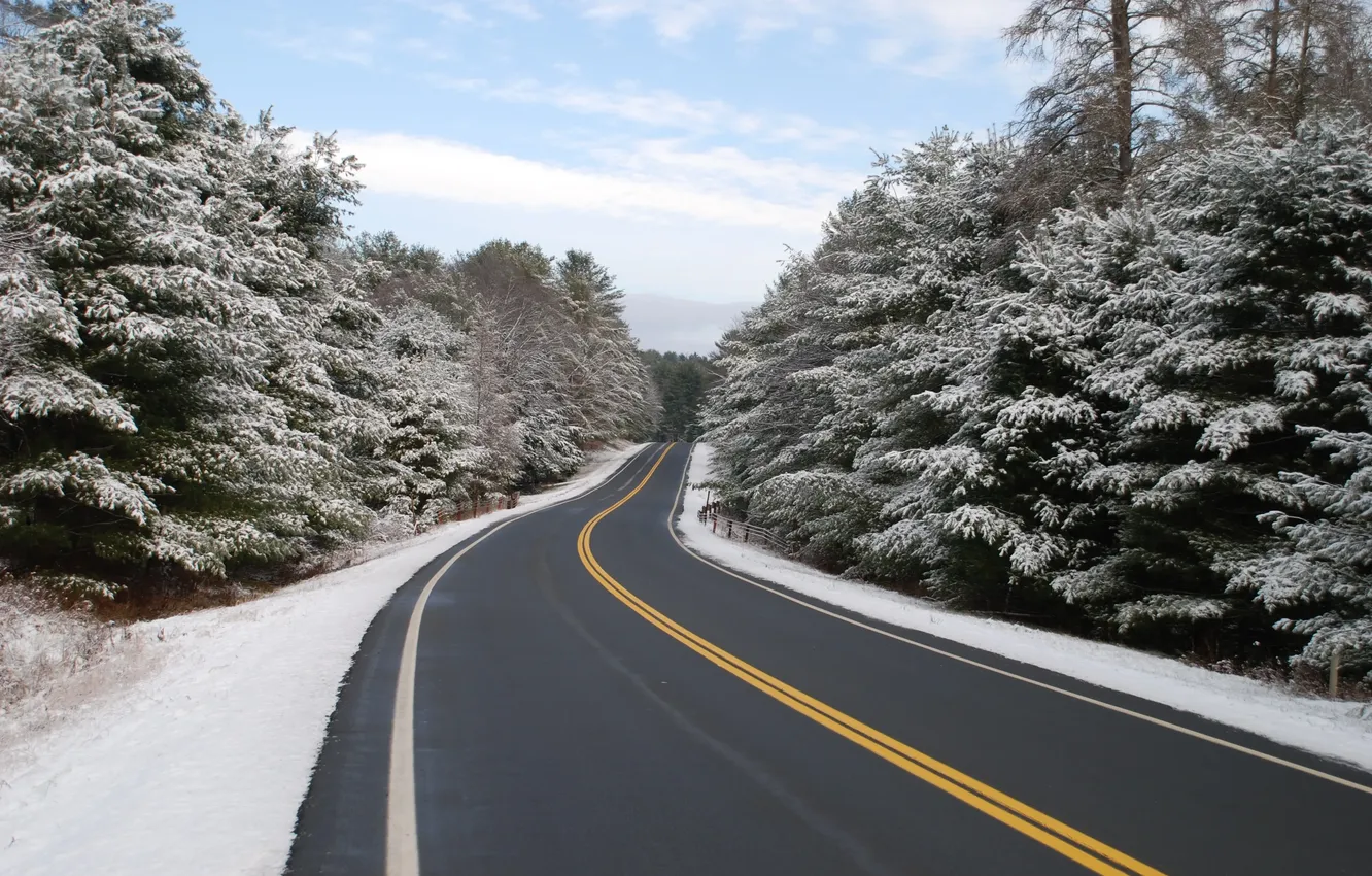 Photo wallpaper winter, road, forest, the sky, asphalt, clouds, snow, trees