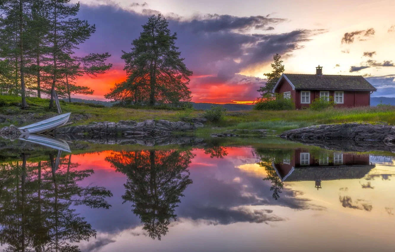 Photo wallpaper trees, sunset, lake, house, reflection, boat, Norway, Norway
