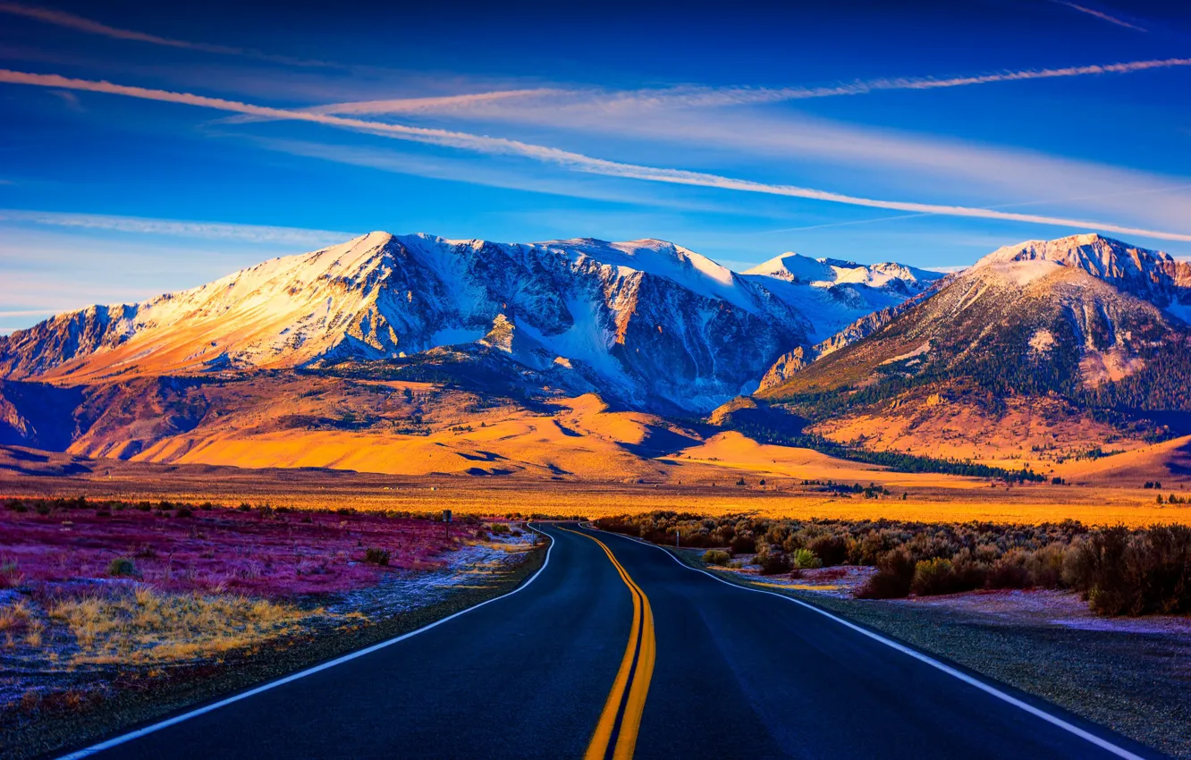 Photo wallpaper road, mountains, sunlight