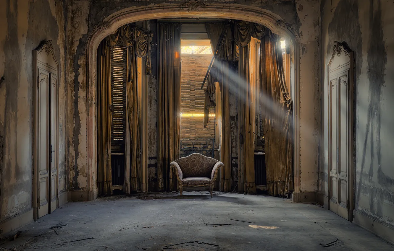 Photo wallpaper room, sunlight, armchair, abandoned, decay, Sunray