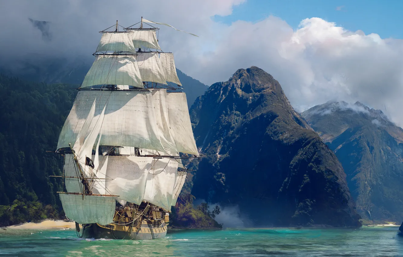 Photo wallpaper sea, mountains, rocks, ship, sailboat