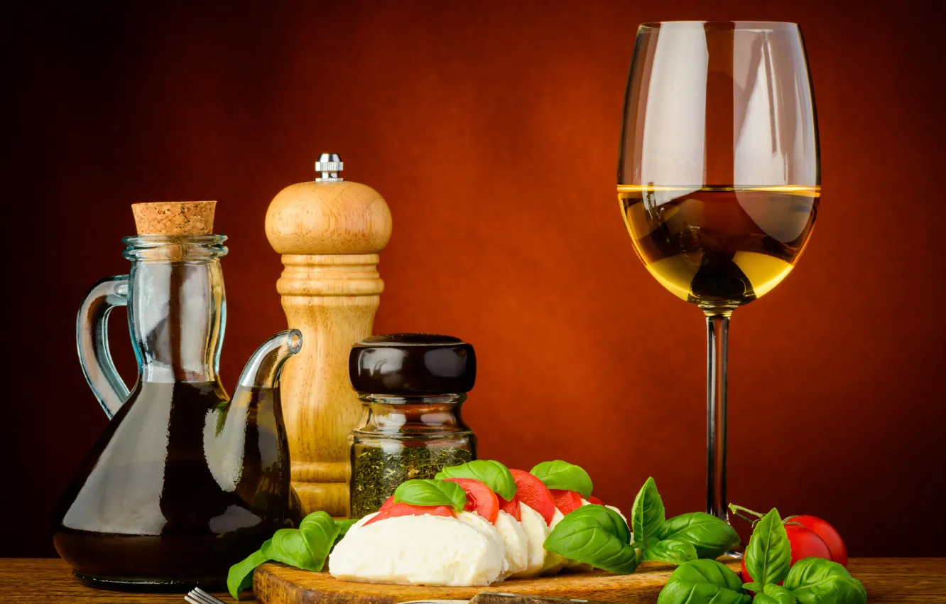 Photo wallpaper leaves, table, wine, glass, cheese, Board, pitcher, plug