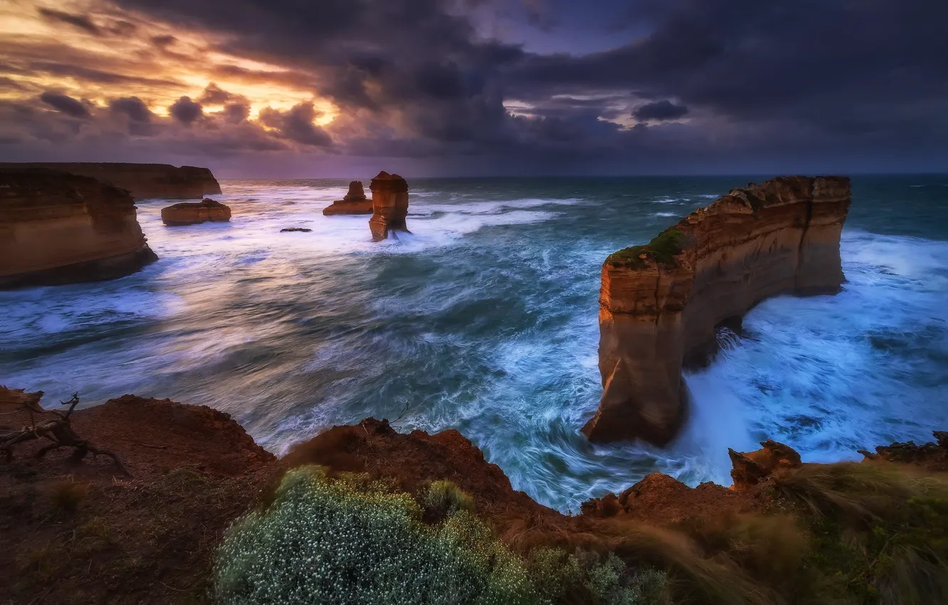 Photo wallpaper sea, sunset, rocks, shore, Australia, nisi filters