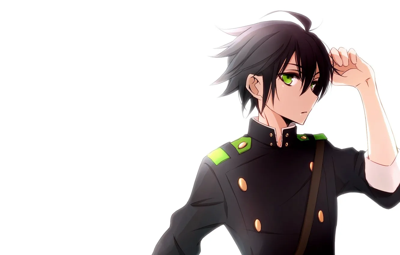 Photo wallpaper boy, hands, tears, white background, green eyes, military uniform, Owari no Seraph, Yuuichirou Hyakuya