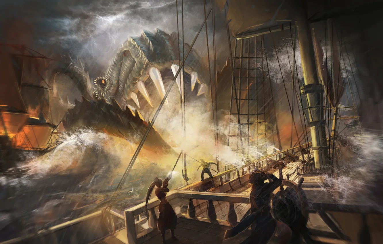 Photo wallpaper sea, fiction, the ocean, ship, monster, art, mouth, captain