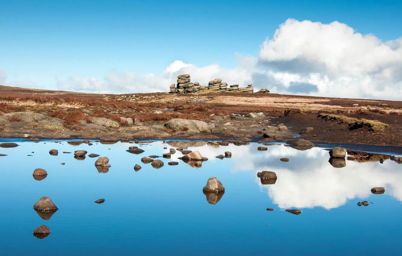 Photo wallpaper the sky, clouds, mountains, lake, stones