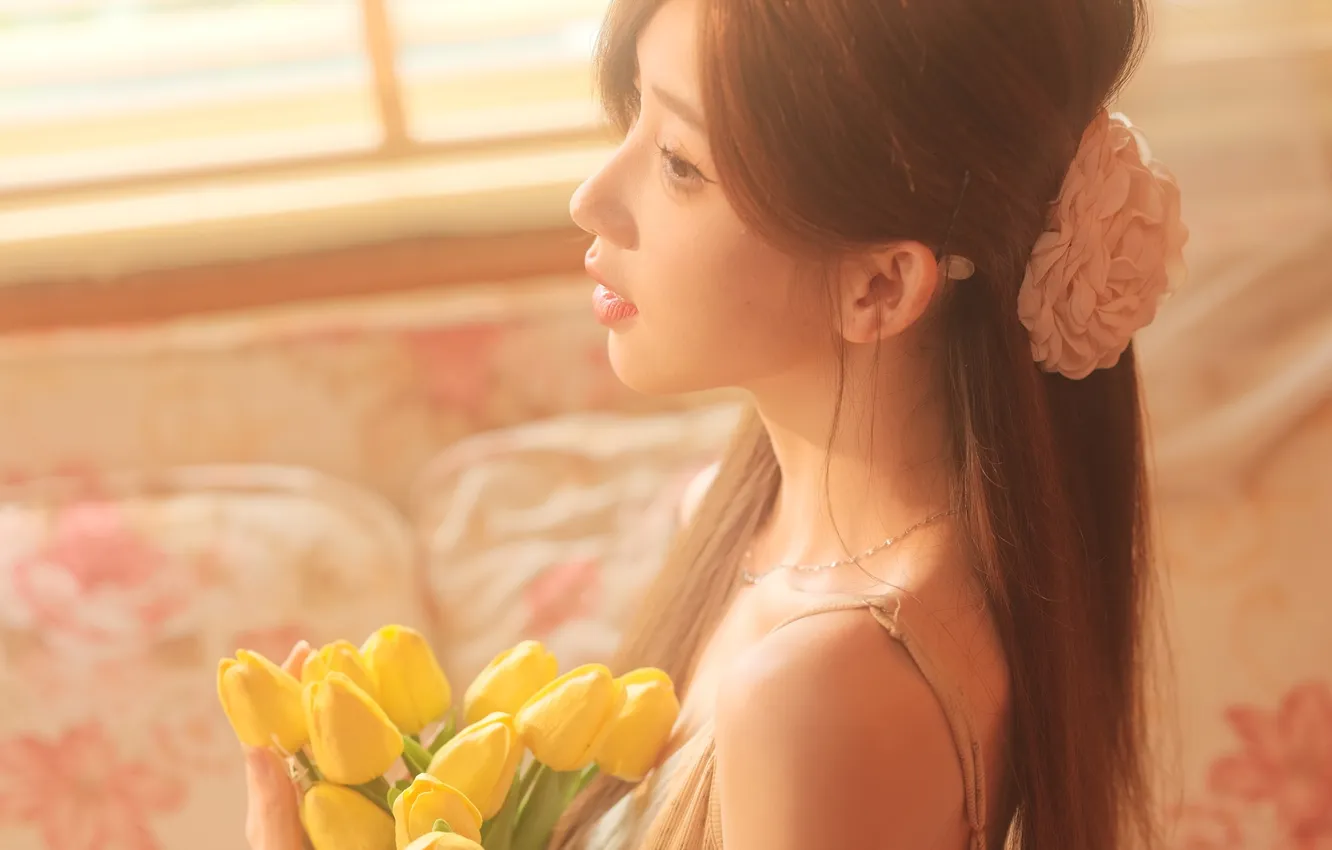 Photo wallpaper flower, woman, beautiful, model, pretty, window, asian, sofa