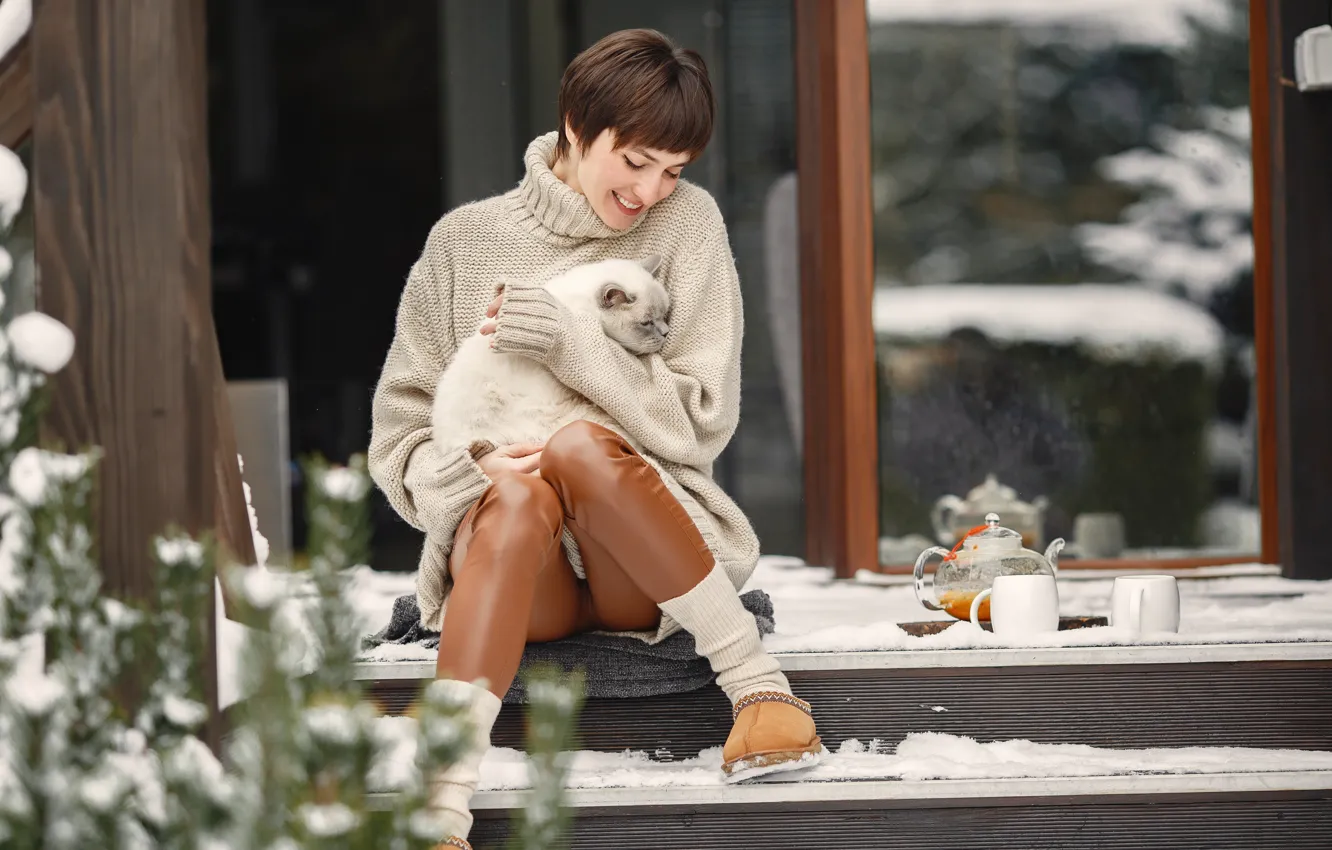 Photo wallpaper winter, cat, girl, home, stage