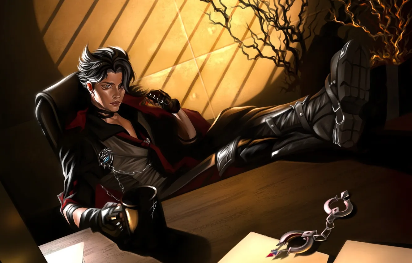 Photo wallpaper Cup, guy, office, handcuffs, cosplay, cosplay, Genshin Impact, Grayson