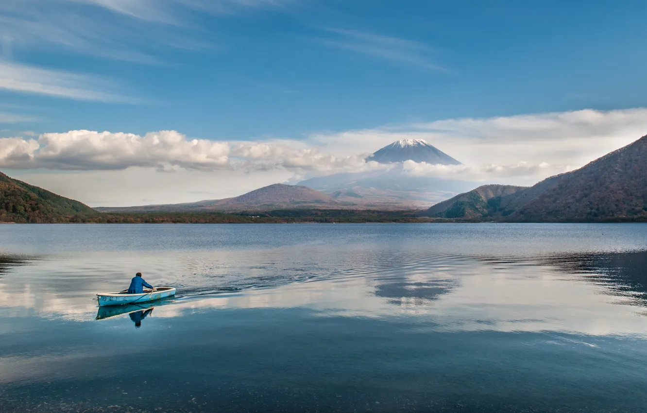 Photo wallpaper mountains, fisherman, Japan, Fuji