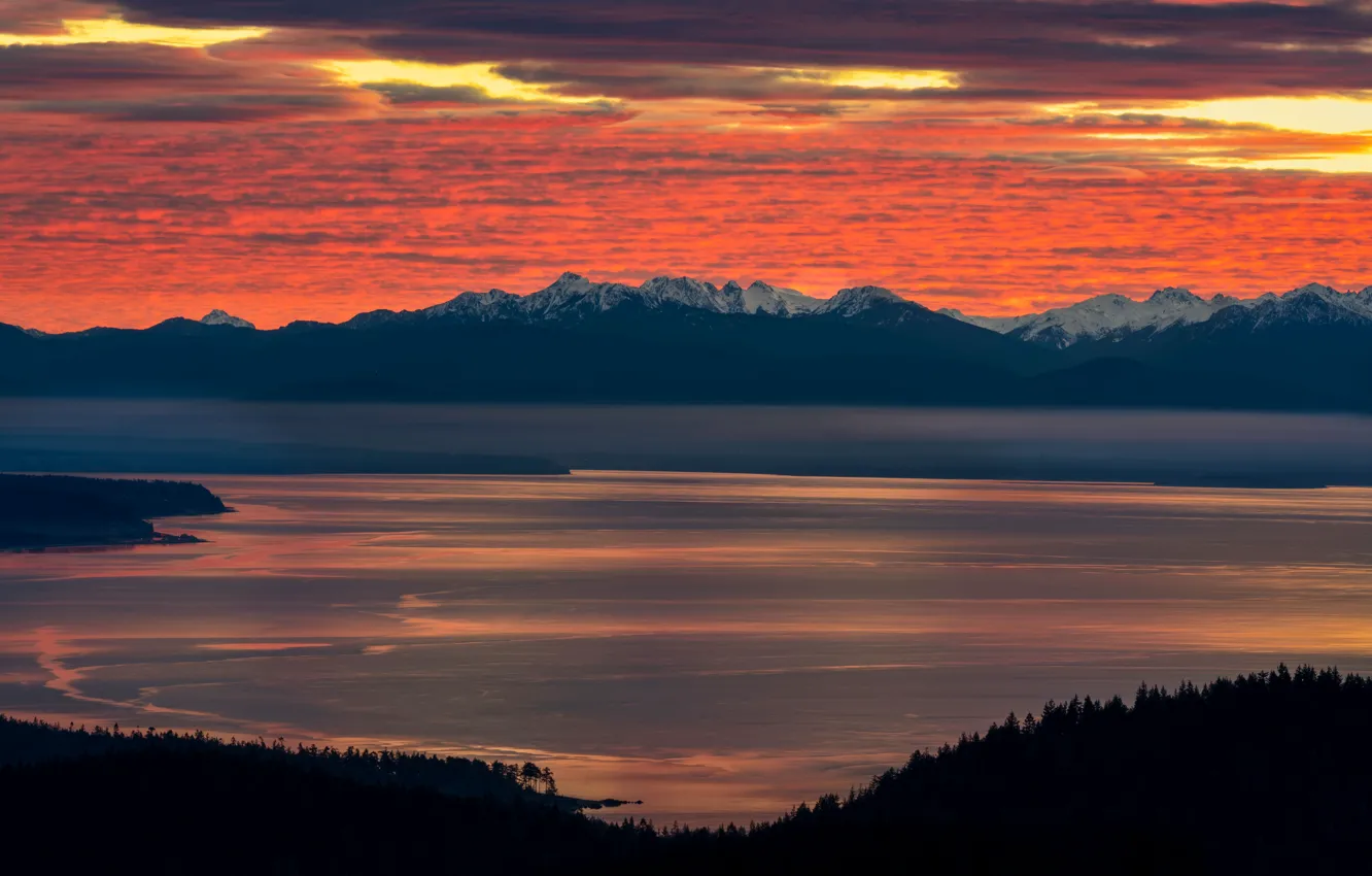 Photo wallpaper sunset, mountains, pond