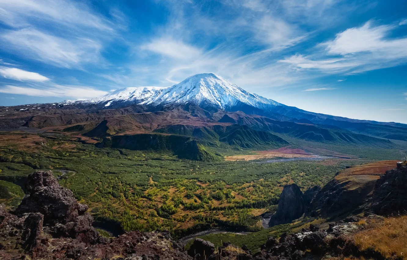 Photo wallpaper the sky, mountains, nature, tops, view, the volcano