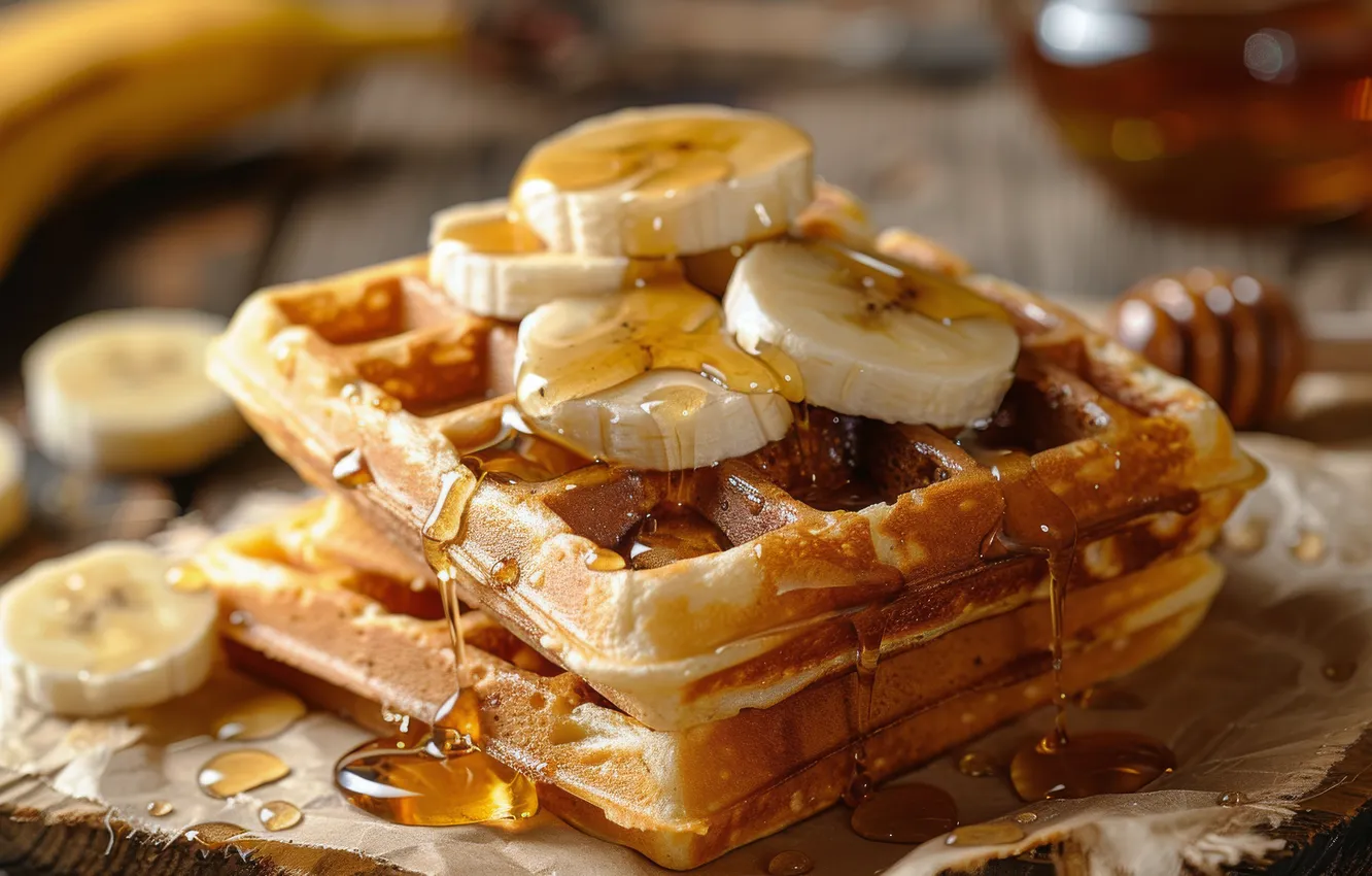 Photo wallpaper honey, bananas, dessert, waffles, syrup, AI art, a spoon for honey, neural network