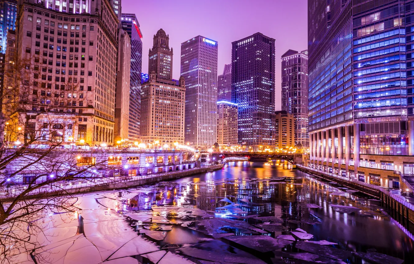 Photo wallpaper ice, winter, lights, river, building, skyscrapers, the evening, Chicago