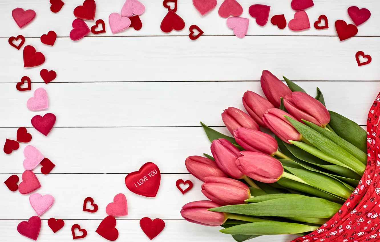 Photo wallpaper love, flowers, bouquet, hearts, tulips, love, pink, wood