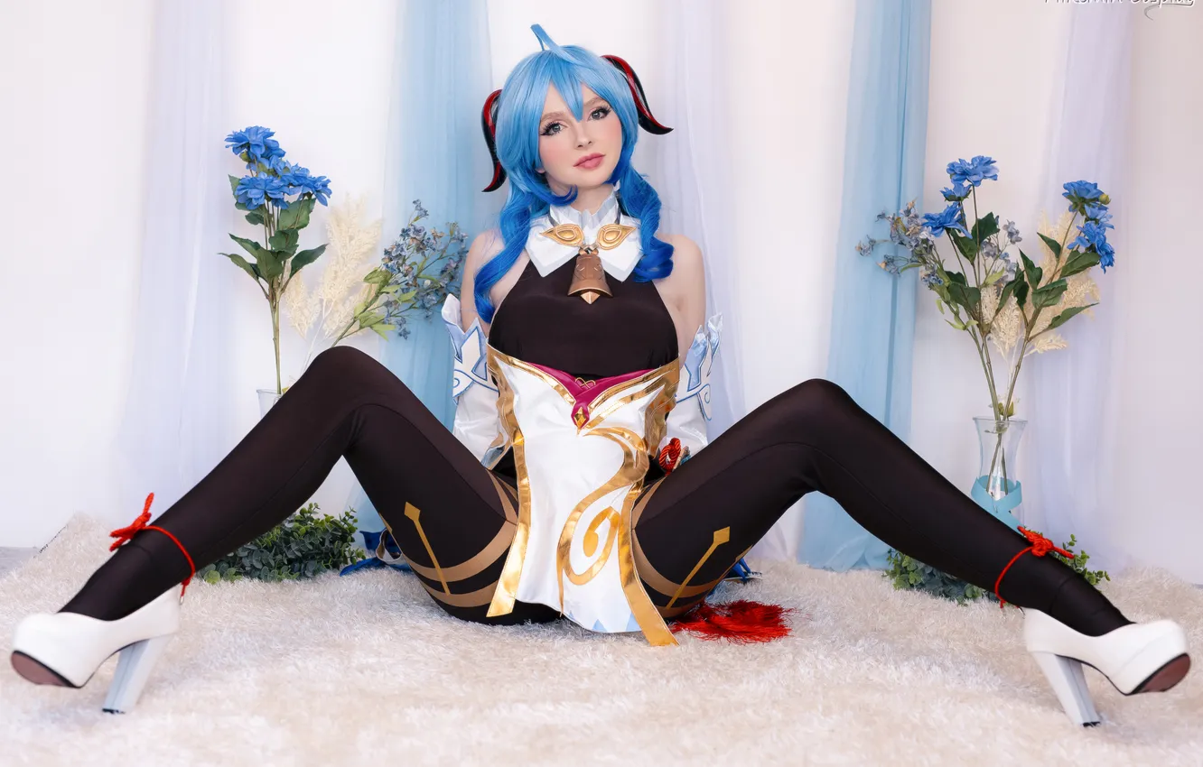 Photo wallpaper flowers, pose, model, beauty, blue hair, model, beauty, cosplay