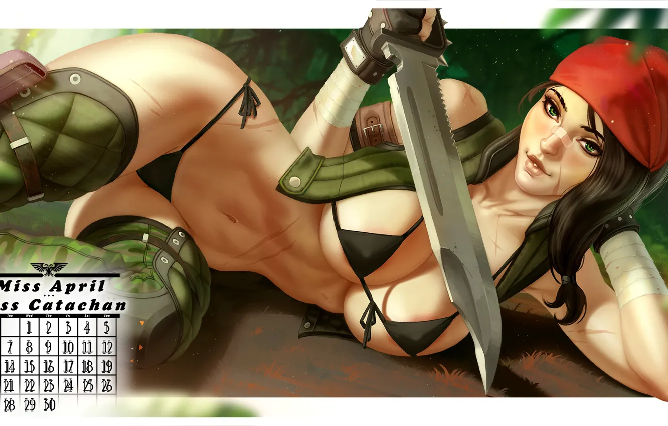Photo wallpaper swimsuit, chest, girl, knife, art, miss catachan, miss april