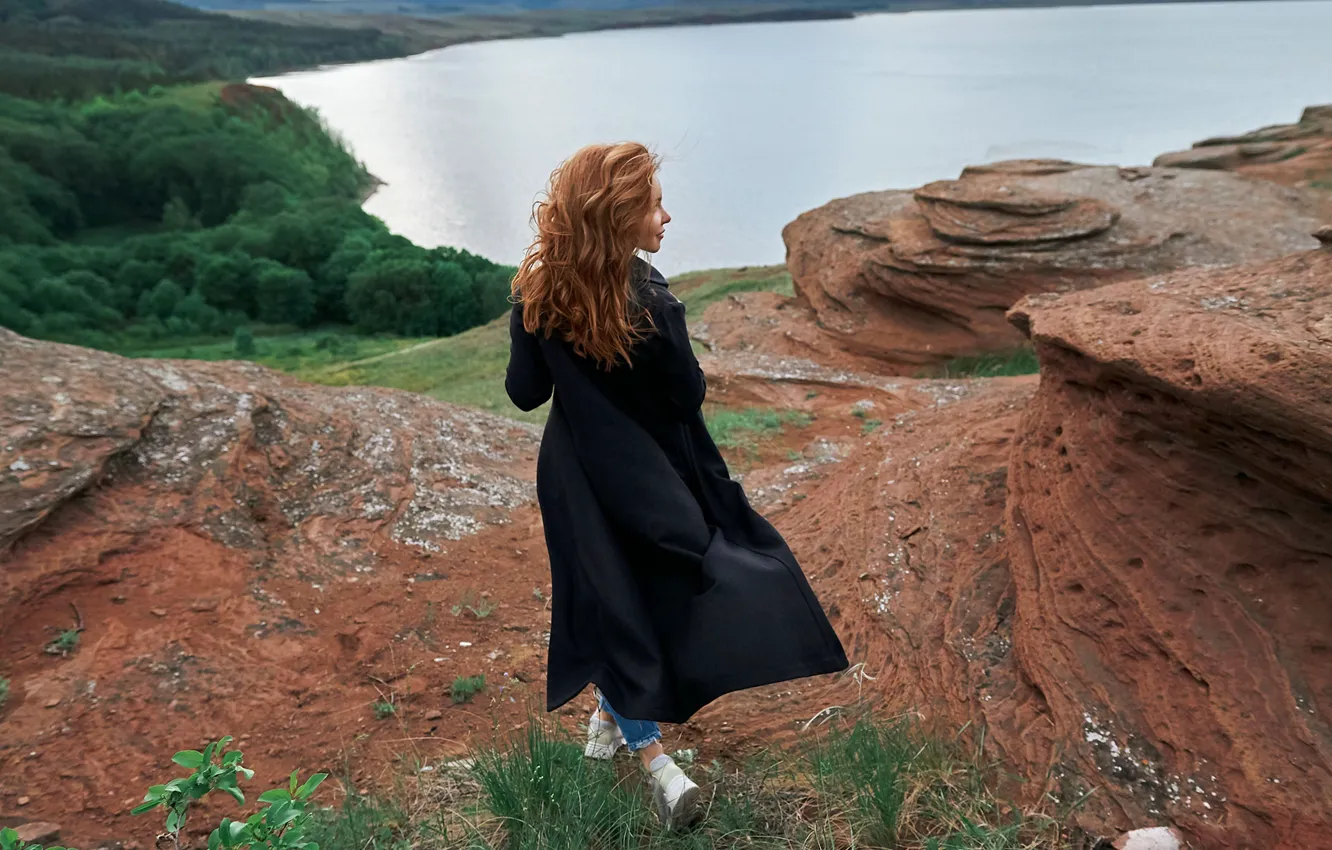 Photo wallpaper girl, lake, rocks, back, height, Natali, Alexander Skripnikov