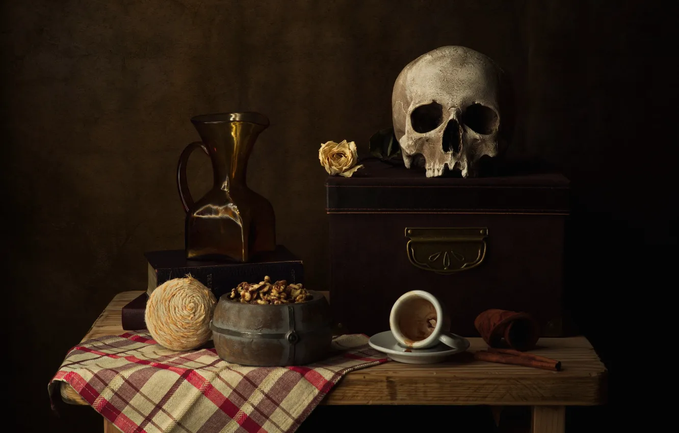 Photo wallpaper flowers, style, the dark background, table, skull, roses, towel, mug