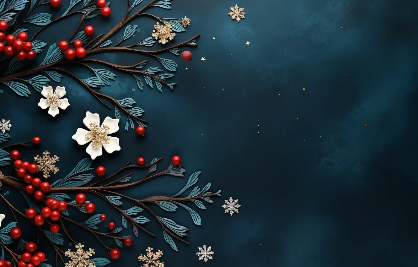 Photo wallpaper flowers, new year, Christmas, blue background, Christmas decorations, AI art, neural network