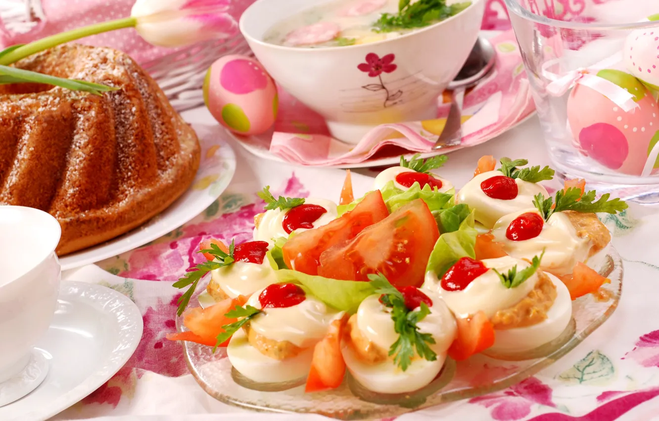 Photo wallpaper flowers, eggs, Easter, cake, eggs, serving, appetizer