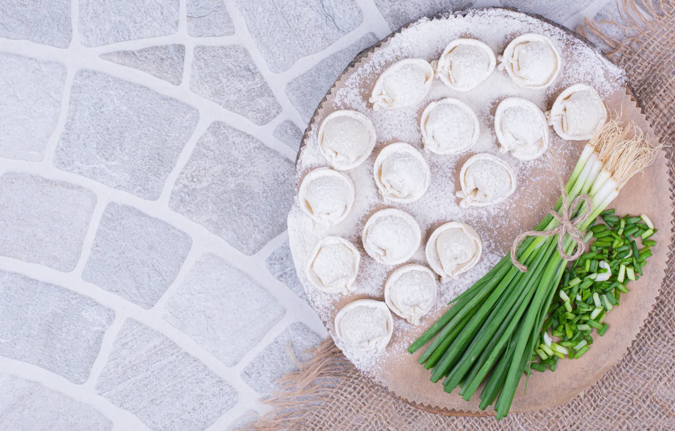 Photo wallpaper greens, plate, light background, dumplings